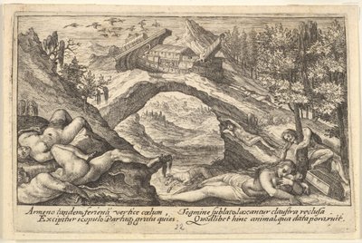 洪水の余波：前景の乾いた土地に散らばる人体、ノアの箱舟の湿原...、1612年。 作： Crispijn de Passe I