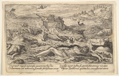 洪水は地球上の生命を破壊します: 人間と動物の死体が前景に漂います..., 1612. 作： Crispijn de Passe I