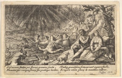 洪水の始まり: 男性と女性が右側の高台に登り、水が追い越されます..., 1612. 作： Crispijn de Passe I