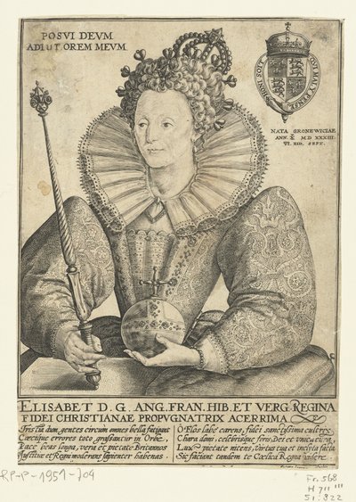 Portret van Elizabeth I Tudor, Ten Halfen Lijve Posvi Devm Aiut Orem Mevm (オブジェクトのタイトル) 作： Crispijn van de Passe (I)