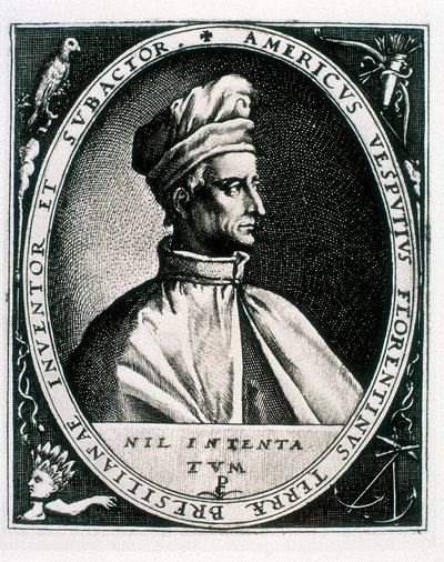 アメリゴ・ヴェスプッチの肖像、"Americus Vesputius Florentinus Terrae Bresilianae Inventoret Subactor "の碑文（エングレービング 作： Crispin I de (after) Passe