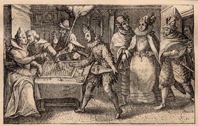 バックギャモンをしているカップルが5人の男性に囲まれて驚いている様子 - オランダの銅版画、クリスピン・デ・パッセ（1550-1643）の版画集「Hortus Voluptatem」より - クリスピン・デ・パッセ・エル・アンシャンの彫刻、バックギャモンをするカップル 作： Crispin I de Passe