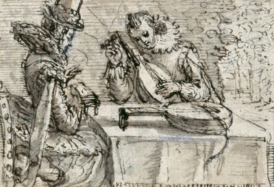リュートを弾く青年（紙にペンとインク、茶色のウォッシュ 作： Crispin I de Passe