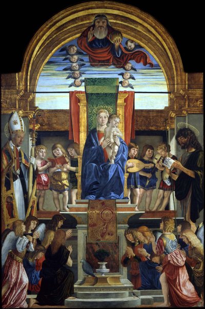父なる神と聖ヒラリウスと洗礼者ヨハネと共に即位する聖母子、1499年 作： Cristoforo Caselli