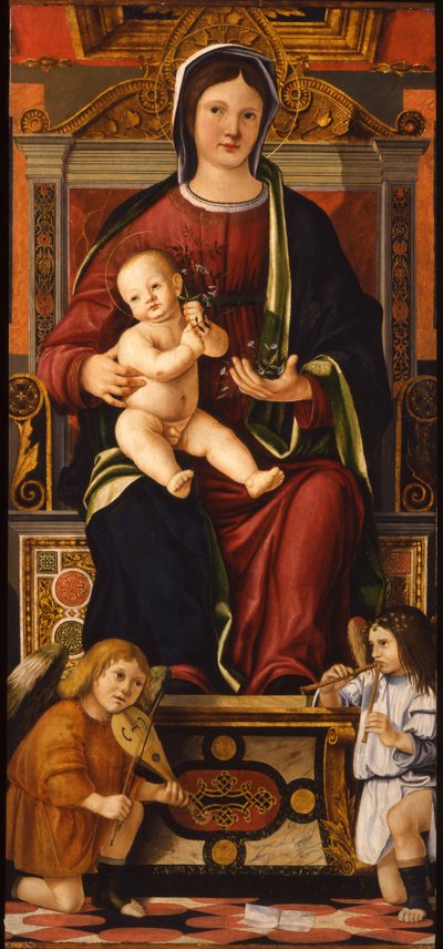 2人のミュージシャンの天使、1508〜1510年に即位した聖母子 作： Cristoforo Caselli