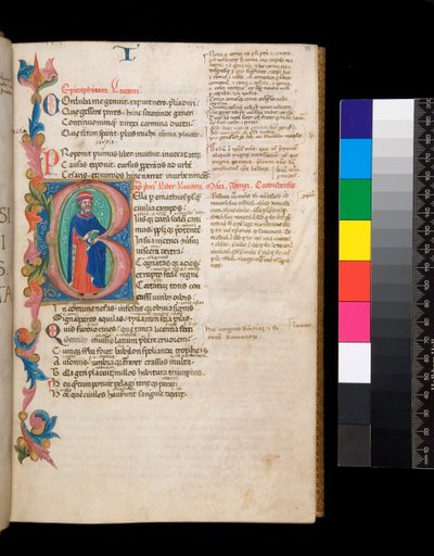 325号室ルーカン『Bellum Civile』その他の作品、f.10r.イリュミネーションされたイニシャル[B]、長身の作者の肖像が描かれ、部分的に葉っぱの縁取りがある、1400-10年頃（羊皮紙 作： Cristoforo Cortese