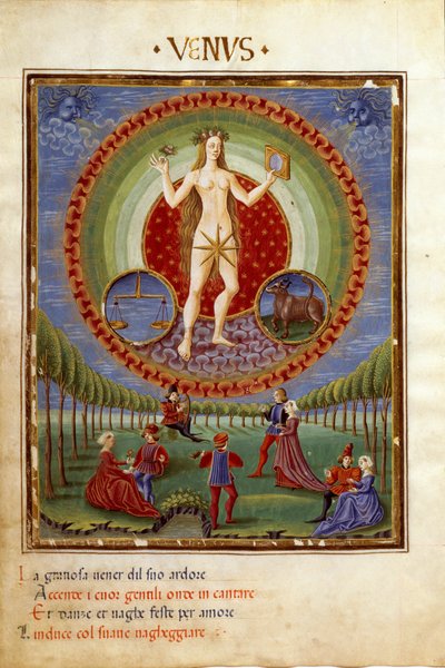 干支の「天秤」と「牡牛」が描かれています。勇敢なシーン（細密画、1470年頃 作： Cristoforo De Predis