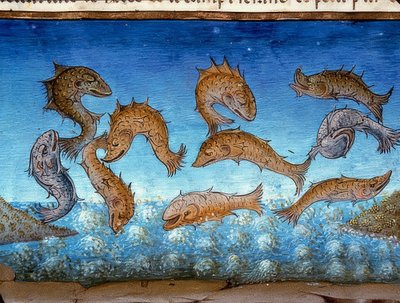 世界の終わり：魚は上を泳ぐ（c.147r）。 1476年 作： Cristoforo De Predis