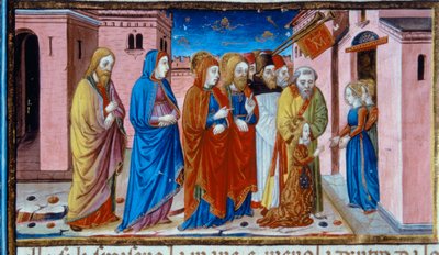コーデックスデプレディスで、神殿の聖母に受け取られたマリアを描いたイルミネーション（c.15v） 作： Cristoforo De Predis