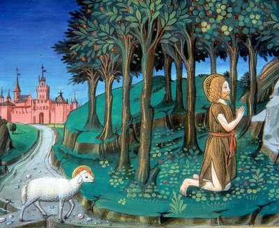 洗礼者ヨハネは、城門の外で祈っています（143節）。 1476年 作： Cristoforo De Predis