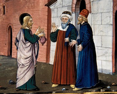ユダが司祭のもとに行き、キリストへの裏切りを告白する場面（Leggendario Sforza-Savoiaより 作： Cristoforo De Predis