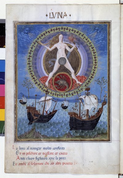 癌の星座と月。下の階、朝日の中の船。クリストフォロ・デ・プレディス（v.1440-v.1486）が製作したミニチュア-「デ・スパエラ」デステに掲載。1470年頃。ModeneのBiblioteca Estenseに所蔵されています。 作： Cristoforo De Predis