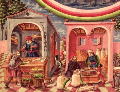 Ms Lat 209 fol.6v Jupiter、果物と穀物の商人の詳細、De Sphaera、c.1470 vellum detail of 308309 作： Cristoforo De Predis
