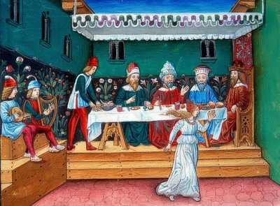 ヘロデのごちそうの間、サロメはヨハネの頭を譲ります（144r頃）。 1476年 作： Cristoforo De Predis