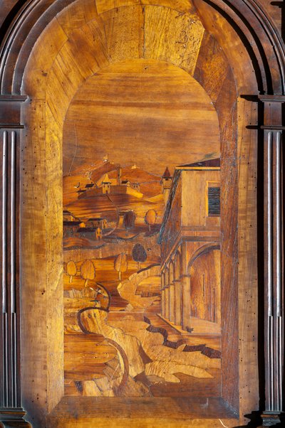 風景、インターシャ、木造聖歌隊のディテール 作： Cristoforo and Giuseppe Da Venetiis
