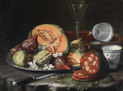 「静物」 (静物) メロン、ソーセージ、イチジク、中国磁器 クリストフォロ・モナリ (ムナーリ) 作 (1667-1720)、キャンバスに油彩、44x56 - Fondation Custodia 作： Cristoforo Munari