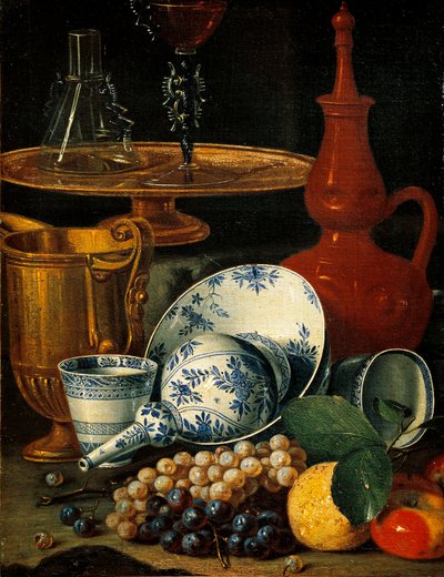 料理と果物のある静物（キャンバスに油彩） 作： Cristoforo Munari