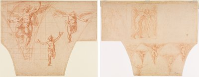 ペンダントのための天使の3つの習作（直訳）; キリストがカルバリーへの道で母親に会うための研究、ペンデンティブの天使の研究（裏面） 作： Cristoforo Roncalli