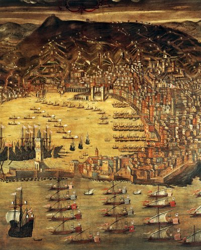 ジェノヴァとその港の眺め、クリストフォロ グラッシ (1565-1598)、イタリアの絵画 作： Cristoforo de Grassi
