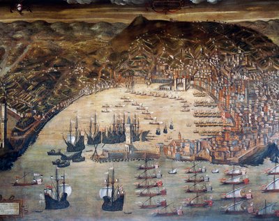 ジェノヴァとその港の眺め、クリストフォロ グラッシ (1565-1598)、イタリアの絵画 作： Cristoforo de Grassi
