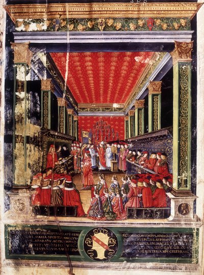 ルドヴィック・マリー・スフォルツァ（ルドヴィコ・マリア・スフォルツァ、イル・モーロ）（1452年～1508年）の誘導図 - 有名な細密画家クリストフォロ・デ・プレディスが制作したアルチンボルディ枢機卿のミサ典の照明。ミラノのBiblioteca Capitolare。 作： Cristoforo De Predis