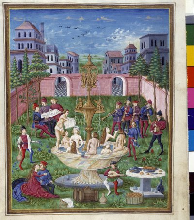 水星の影響：愛の園と青春の泉。クリストフォロ・デ・プレディス（v.1440-v.1486）が制作したミニチュア-デステの「デ・スパエラ」に収録。1470年頃。エステのビブリオテカ、モデネ。 作： Cristoforo De Predis