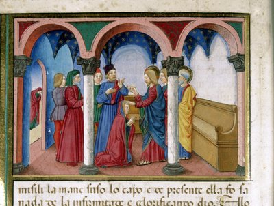 Cristoforo De Predis（1440-1486）が『新約聖書の歴史』の後に描いたミニチュアのシナゴーグで、メンバーが歪んでいる女性を矯正するイエス（フォリオ78 作： Cristoforo De Predis