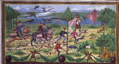 火星の影響」の中のラ・シャッセの詳細：狩猟と宮廷。Cristoforo de Predis (v. 1440-v. 1486)が制作したミニチュア-「De Sphaera」d