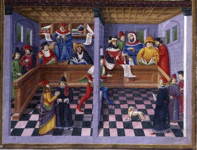 3月の影響』の法廷（Il Tribunale）：狩猟と法廷。Cristoforo de Predis (c. 1440-v. 1486)が制作した細密画で、「De Sphaera」デステに収録されています。 1470年頃。モデナのBiblioteca Estense。 作： Cristoforo De Predis
