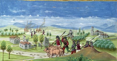 戦時中の略奪。「太陽の影響」の詳細：戦争。クリストフォロ・デ・プレディス（v.1440-v.1486）が製作したミニチュア-「De Sphaera」デステに掲載。1470年頃。モデネのBiblioteca Estense。 作： Cristoforo De Predis