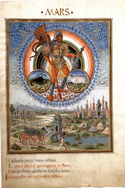 蠍とベリエの干支を持つ火星。戦いのシーン。(ミニチュア、1470年頃) 作： Cristoforo De Predis