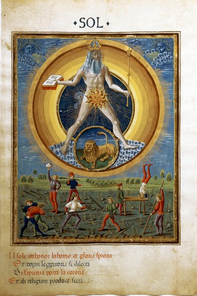 獅子座の太陽。男性の運動シーン。(ミニチュア、1470年頃) 作： Cristoforo De Predis