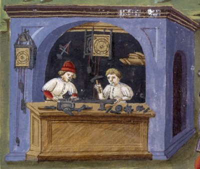 月の影響」に登場する時計師：職人。Cristoforo de Predis（v. 1440-v. 1486）が製作したミニチュア-『De Sphaera』d