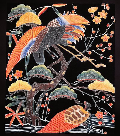 縁起の良いモチーフの着物生地の鶴と尾亀（鶴亀）のディテール、日本文明、江戸時代 作： Culture Edo
