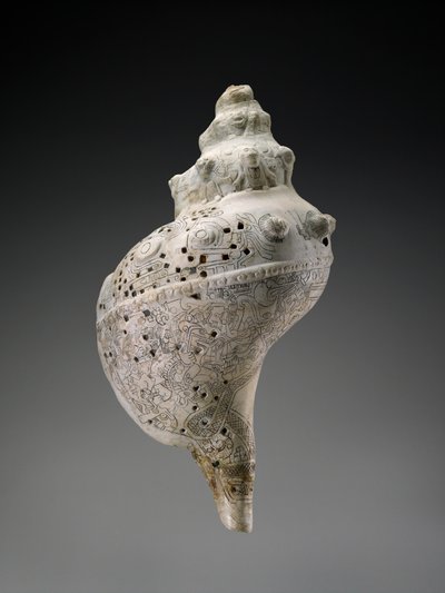 頭蓋骨を備えた天体の巻き貝の殻、AD 900-1521（殻） 作： Culture Huastec
