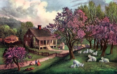 春のアメリカンホームステッド、1869年 作： Currier and Ives