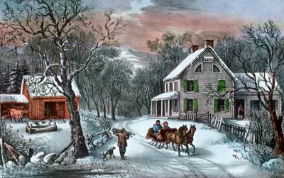 冬のアメリカンホームステッド、1868年 作： Currier and Ives