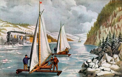 19世紀のハドソン川でのアイスボートレース。 作： Currier and Ives