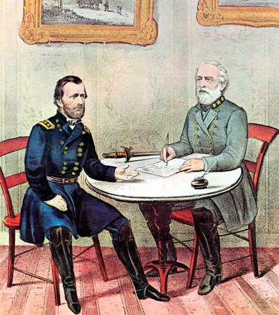 グラント将軍の会議は去り、リー、アメリカ南北戦争、1865年 作： Currier and Ives