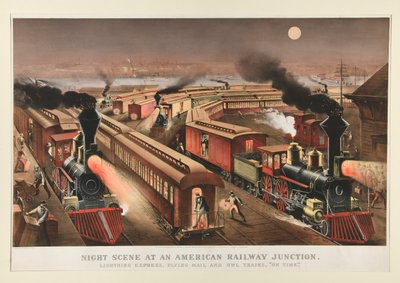 アメリカの鉄道ジャンクションの夜景 作： Currier and Ives