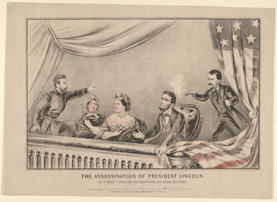 1865年4月14日、ワシントンDCのフォードシアターでのリンカーン大統領暗殺。 作： Currier and Ives