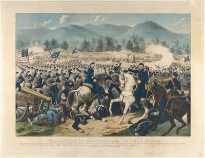 1863年、1863年7月3日、ペンシルバニア州ゲティスバーグの戦い。 作： Currier and Ives