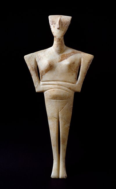 キクラデスのアート。シロス島の大理石の偶像「女性の置物」。紀元前3000年キクラデス文明（-3200 a -2000）日。46 cm Athenes, National Archaeological Museum - 女性の偶像、シロス島出土 - 大理石彫刻（H.46 cm）、キクラデス文明、紀元前3000年頃 - Nati 作： Cycladic