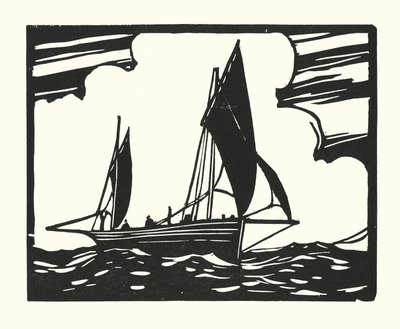 漁船とはしけブライトン・クリンカー建造ラガー（木版画） 作： Cyril A. Wilkinson