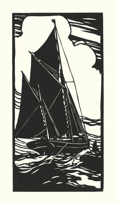 漁船とはしけブリクサム・トロール船（木版画） 作： Cyril A. Wilkinson
