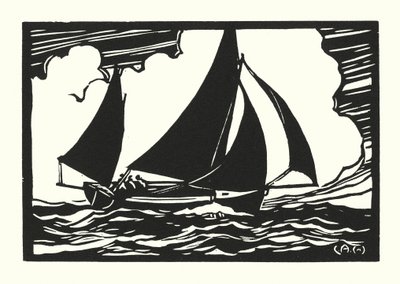 漁船とはしけ：ファルマス波止場のパント（木版画） 作： Cyril A. Wilkinson