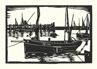 漁船とはしけフォークストンビーム・トローラー（木版画） 作： Cyril A. Wilkinson
