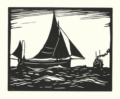 漁船とはしけプリマス・フッカー（木版画） 作： Cyril A. Wilkinson