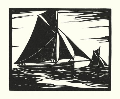 漁船とはしけプリマス・ロング・ブーマー（木版画） 作： Cyril A. Wilkinson