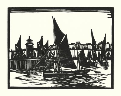 漁船とはしけラムズゲートのトロール船（木版画） 作： Cyril A. Wilkinson